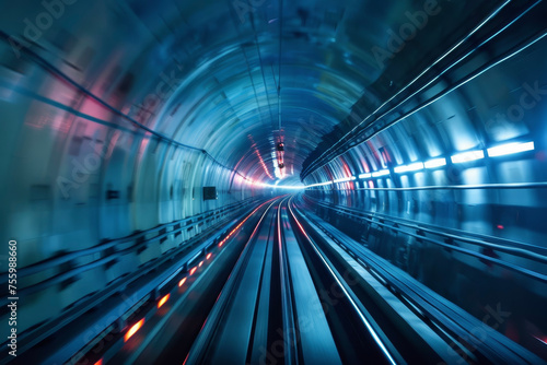 A high-speed rail tunnel, futuristic trains whizzing through, engineers testing tracks, magnetic levitation technology in action © Formoney
