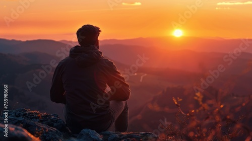 A man enjoying the sunset on top of a mountain. Perfect for outdoor and travel concepts.