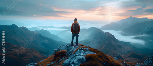 A man standing on a mountain, symbolizing goals and achievements. A male backpacker gazes into a valley surrounded by mountains, with clouds covering the mountain tops.