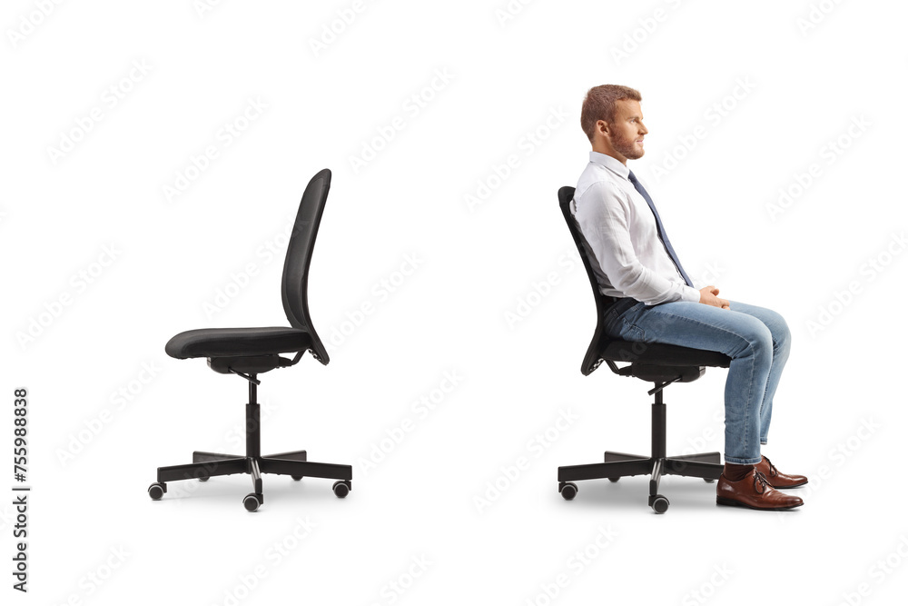 Businessman sitting in an office chair back to back with an empty chair Businessman sitting in an office chair back to back with an empty chair