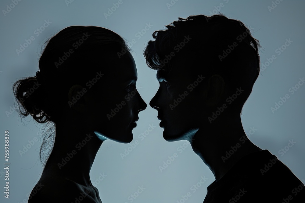 Silhouette of a man and woman standing face to face. Suitable for relationship or communication concepts.