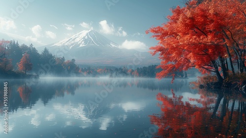 At Lake Kawaguchiko, you can enjoy autumn colors and see Mt. Fuji with morning fog and red leaves. © Diana