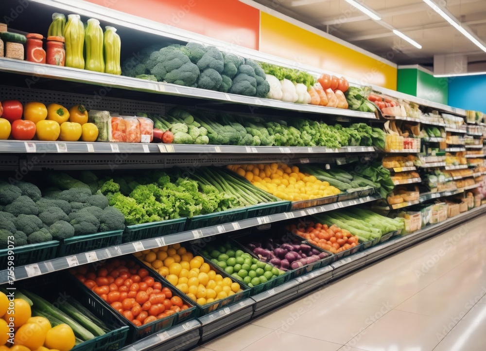 Supermarket aisle and Fresh vegetables on the shelf, 