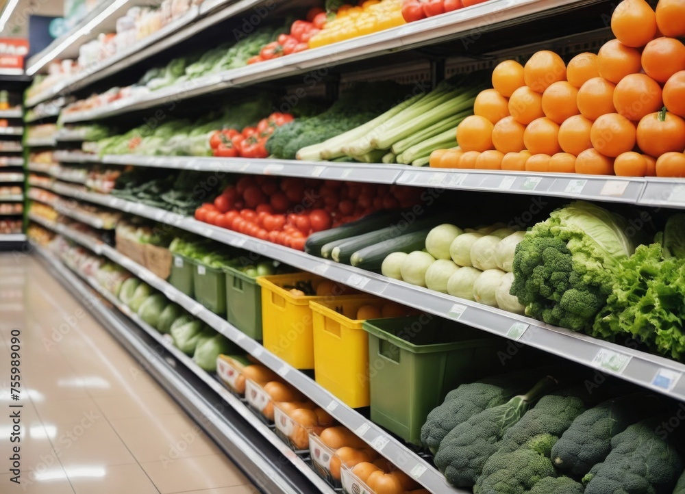 Supermarket aisle and Fresh vegetables on the shelf, 
