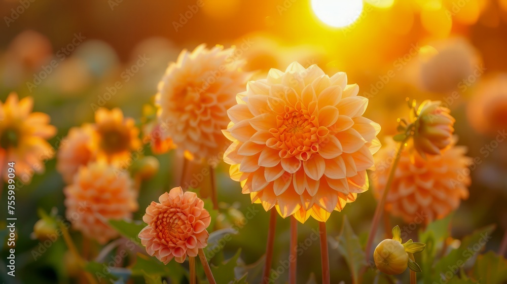 Sunset Glow on Beautiful Orange Dahlia Flowers in Full Bloom in a Serene Garden Sunset Glow on Beautiful Orange Dahlia Flowers in Full Bloom in a Serene Garden
