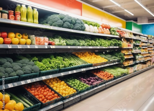 Supermarket aisle and Fresh vegetables on the shelf, 