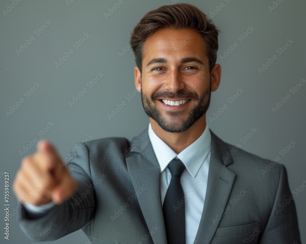 A professional man in formal attire, a suit and tie, gestures confidently while pointing directly at the camera. A professional man in formal attire, a suit and tie, gestures confidently while pointing directly at the camera.