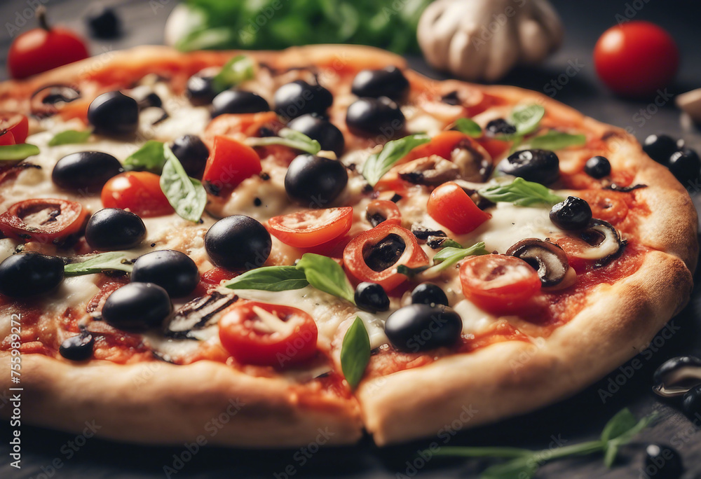Delicious vegetarian pizza with champignon mushrooms tomatoes mozzarella peppers and black olives cu Delicious vegetarian pizza with champignon mushrooms tomatoes mozzarella peppers and black olives cu