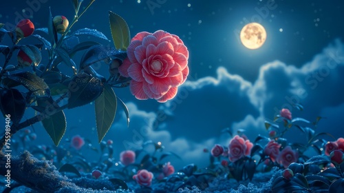 Enchanting Nighttime Scene with Full Moon Over Blooming Roses  Sparkling Stars  and Ethereal Clouds in Serene Garden