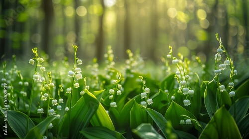 Serene Spring Morning in Dense Forest with Sun Rays and Fresh Green Lily of the Valley Flowers