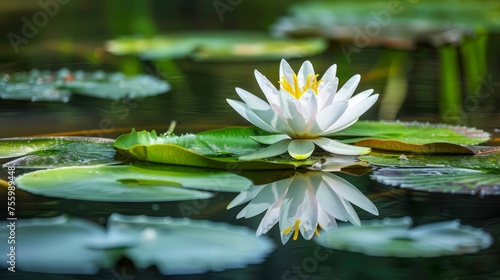 Tranquil Water Lily Bloom on Serene Pond Surface with Lush Green Lily Pads, Symbolizing Peace and Purity in Nature Photography