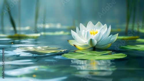 Serene Water Lily Bloom on Tranquil Pond Water with Reflective Surface and Lush Green Lily Pads in Natural Habitat