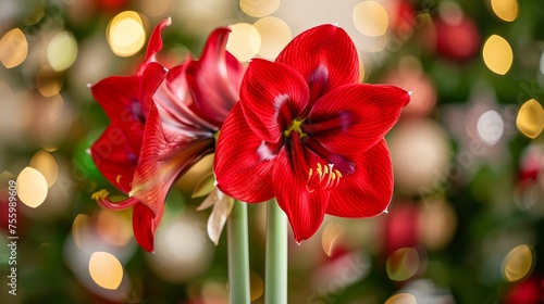 Fototapeta Naklejka Na Ścianę i Meble -  Vibrant Red Amaryllis Flowers Blooming with Festive Bokeh Lights Background for Holiday Decoration