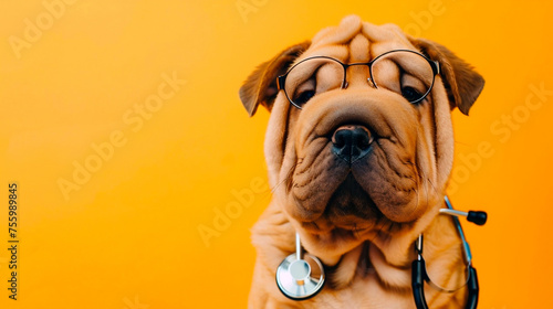 Sharpie dog with a stethoscope and glasses as a vet isolated on yellow background. World Veterinary Day. A puppy dog at a veterinarian's appointment at a veterinary clinic. The concept of pet care.