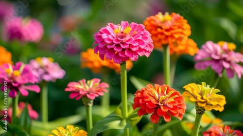 Vibrant Colorful Zinnia Flowers Blooming in Lush Garden - Nature Photography for Spring and Summer Themes