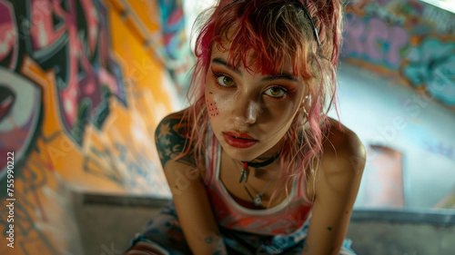 Young tattooed woman with graffiti background.