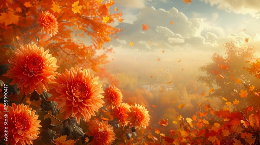 Vibrant Autumn Chrysanthemum Field under Golden Sunset Light with Dreamy Flare