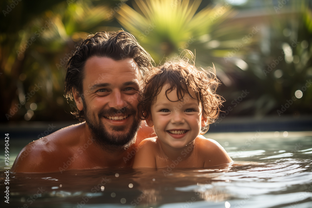 Happy Father and Son in Pool - A joyful father and his young son smiling and playing in a swimming pool. Ideal for themes of family fun, summer activities, and bonding.