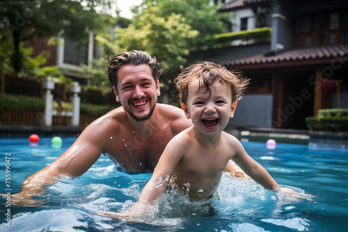 Father and Son Playing in Pool - A joyful father and his young son laughing and splashing in a swimming pool. Perfect for themes of family fun, summer activities, and bonding. © Alena