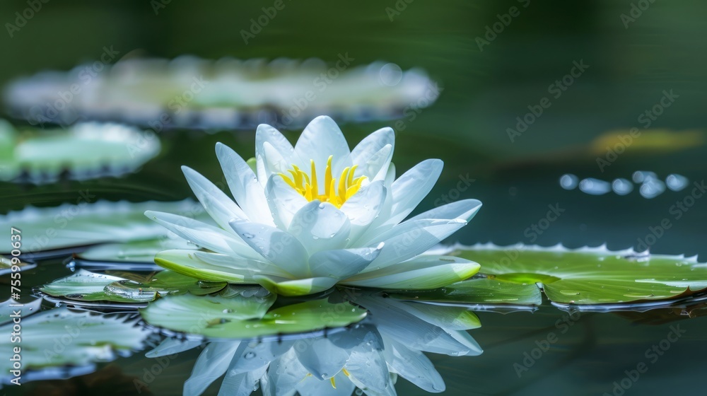 Serene Water Lily Blossom on Tranquil Pond Water with Lush Green Lily Pads in Natural Habitat - Peaceful Flora Background for Relaxation and Meditation Themes