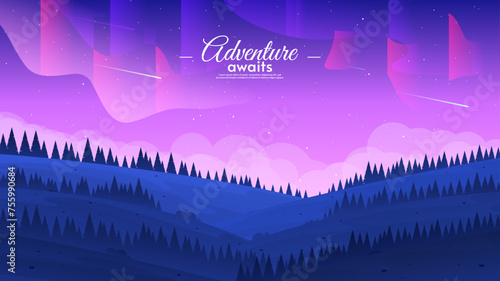 Evening landscape. Vector illustration. Hills with forest. Aurora borealis in the sky. Adventure touristic background.