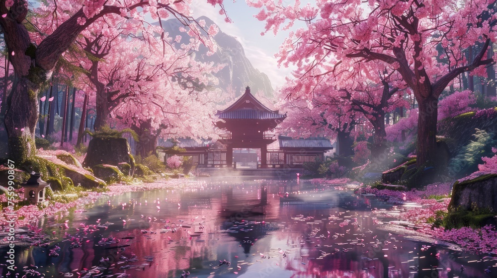 Enchanting Spring Scenery with Blooming Cherry Blossoms and Traditional Japanese Temple by Tranquil Pond