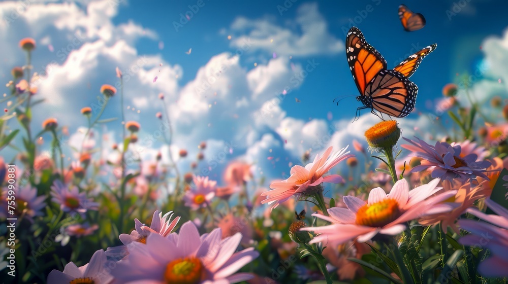 Majestic Monarch Butterfly Flutters Vibrantly Over Blossoming Pink Daisy Field Under a Sunny Blue Sky With Fluffy Clouds Majestic Monarch Butterfly Flutters Vibrantly Over Blossoming Pink Daisy Field Under a Sunny Blue Sky With Fluffy Clouds