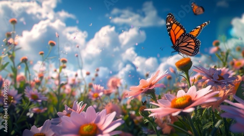 Majestic Monarch Butterfly Flutters Vibrantly Over Blossoming Pink Daisy Field Under a Sunny Blue Sky With Fluffy Clouds