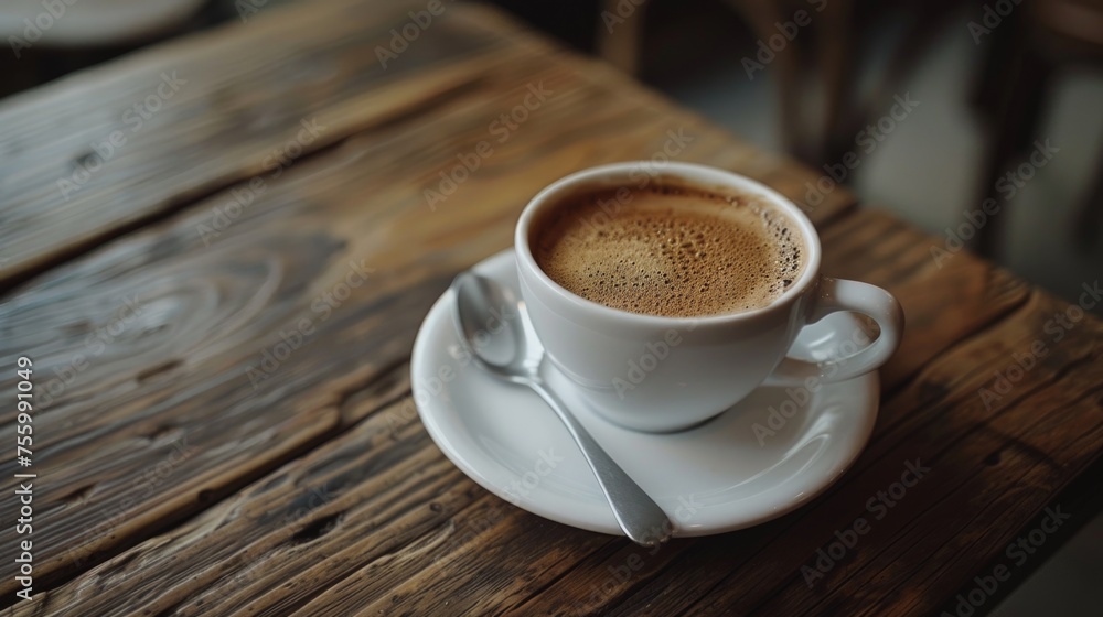 Fototapeta premium A cup of coffee on a rustic wooden table, perfect for cozy home decor.