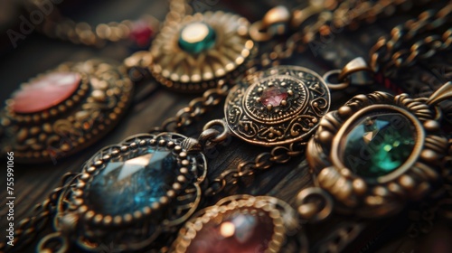 Close up of various necklaces on a table, ideal for jewelry store promotions.