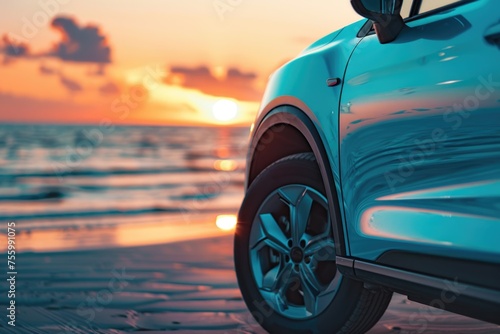 A car parked on the beach at sunset. Suitable for travel and leisure concepts.