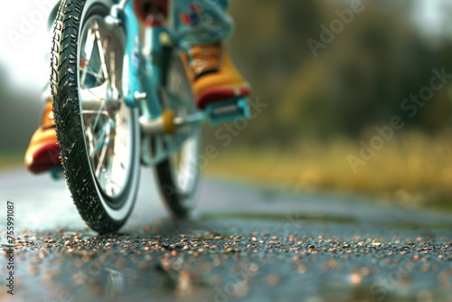 Person riding a bike on a wet road, suitable for sports or weather concepts.
