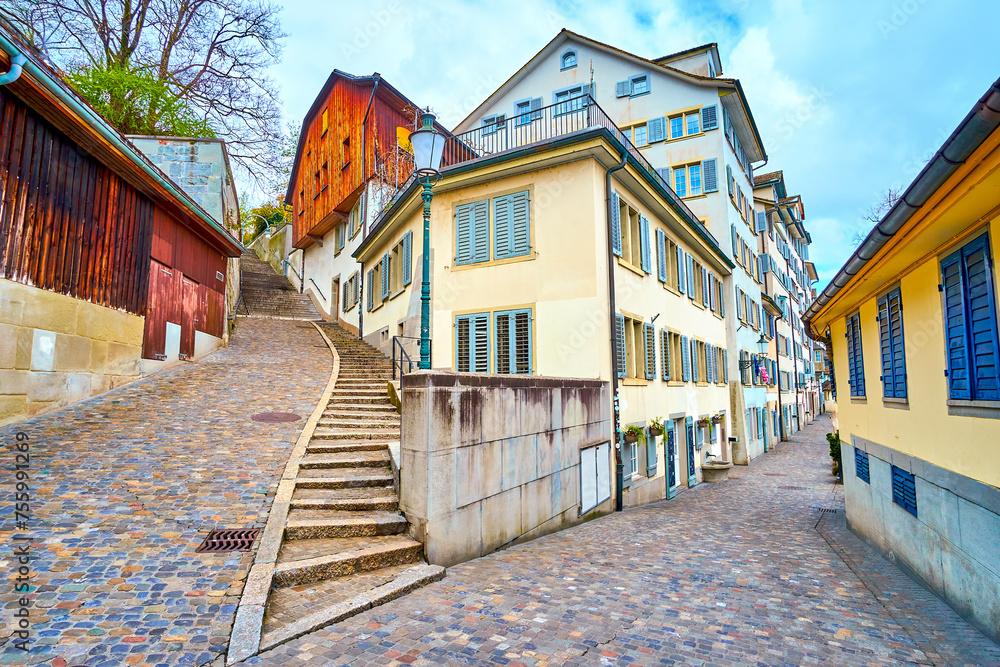 The charming Schipfe district in old town of Zurich, Switzerland