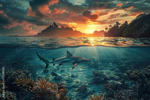 beautiful seaview waterline waves in a shallow and sharks swimming by corals © Vasiliy