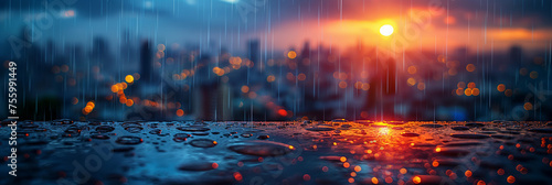 Raindrops on surface with cityscape background at sunset, merging natural beauty and urban life in a vibrant, reflective moment.