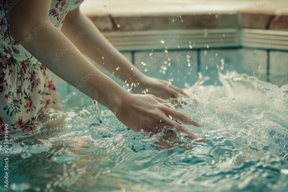 A woman standing in a pool of water, suitable for various design projects. A woman standing in a pool of water, suitable for various design projects.