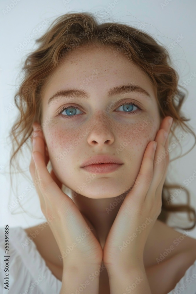 Close-up portrait of a young woman with freckles. Suitable for beauty and skincare concepts. Close-up portrait of a young woman with freckles. Suitable for beauty and skincare concepts.