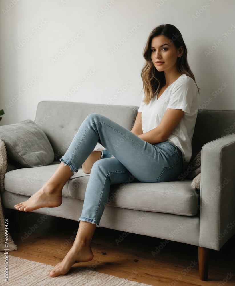 portrait of a woman sitting on a cozy couch crossing legs