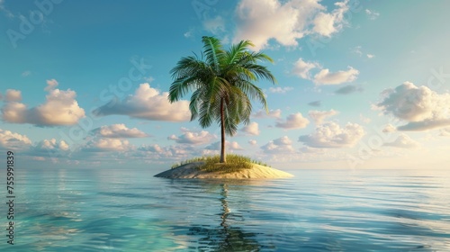 A serene island with a single palm tree in the middle of the ocean. Ideal for travel brochures.