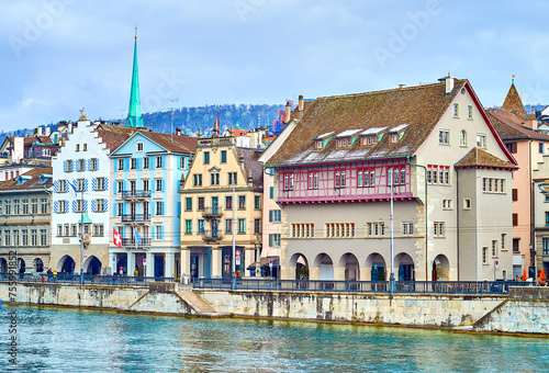 Medieval riverside houses on Limmatquai embankment of Zurich, Switzerland