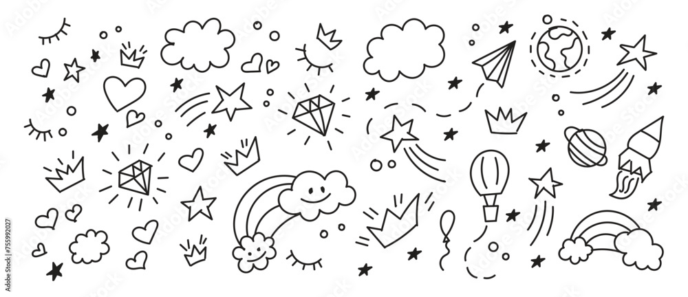Set of doodle sketch pattern. Vector background for little prince and princess. Cute girlish and boyish crown hand drawn illustration. Trendy baby fabric, kid wallpaper.  - obrazy, fototapety, plakaty 