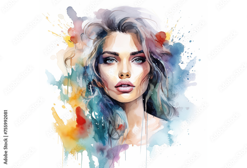 Portrait of a young beautiful woman in abstract style, hand drawn, watercolor paints, aqarelle, bright colors, beauty and health, cosmetology or for a beauty salon, illustrator