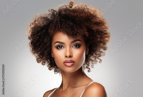 Beautiful young woman, cosmetology, clean skin, beauty Spa Woman with perfect skin Portrait. Beautiful afro, offer a product. Facial care. Beige background