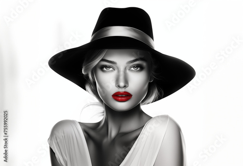 Portrait of a beautiful woman in a hat. Black and white image of a young beautiful girl with red lips in smoke