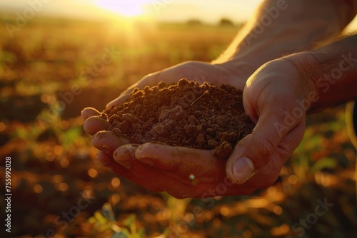 A person holding a handful of dirt, suitable for environmental concepts.