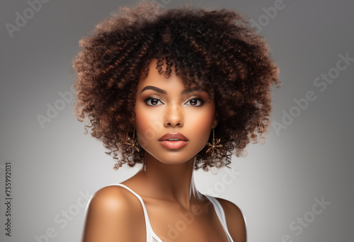 Beautiful young woman, cosmetology, clean skin, beauty Spa Woman with perfect skin Portrait. Beautiful afro, offer a product. Facial care. Beige background