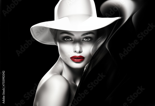 Portrait of a beautiful woman in a hat. Black and white image of a young beautiful girl with red lips in smoke
