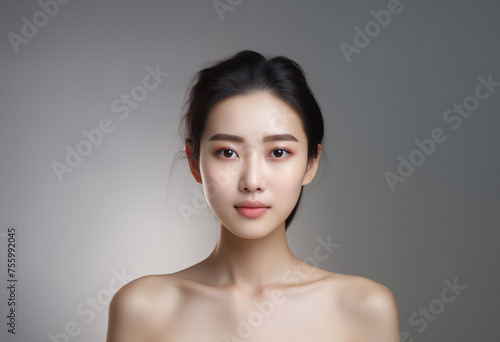 Beautiful young asian woman, cosmetology, clean skin, beauty Spa Woman with perfect skin Portrait. Beautiful asian woman, offer a product. Facial care. Beige background