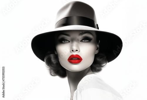 Portrait of a beautiful woman in a hat. Black and white image of a young beautiful girl with red lips in smoke