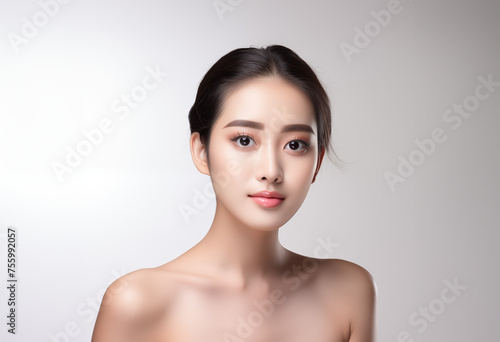 Beautiful young asian woman, cosmetology, clean skin, beauty Spa Woman with perfect skin Portrait. Beautiful asian woman, offer a product. Facial care. Beige background